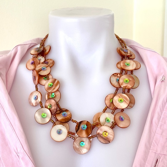 Artisan Jewelry - pink tan pearly disc beads 3 strand necklace with iridescent sequins boho chic
